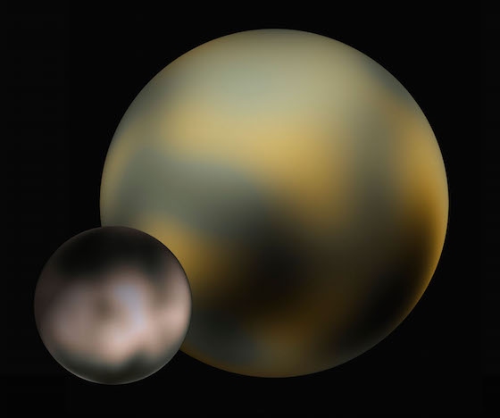 Representación de Plutón y Caronte según imágenes del telescopio espacial Hubble. Imágenes de ourpluto.org.