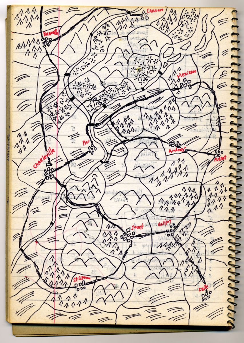 El Tercer Reich, mapa Manuscrit de Roberto Bolaño, 1986 Arxiu 17 – 83 © Hereus de Roberto Bolaño 