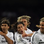 Real Madrid»s players Pavon, Garcia, Ramos, Beckham and Guti look back at Olympique Lyon»s free ki